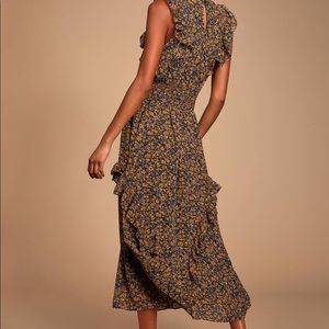 Evalina Floral Print Mock Neck Midi Dress